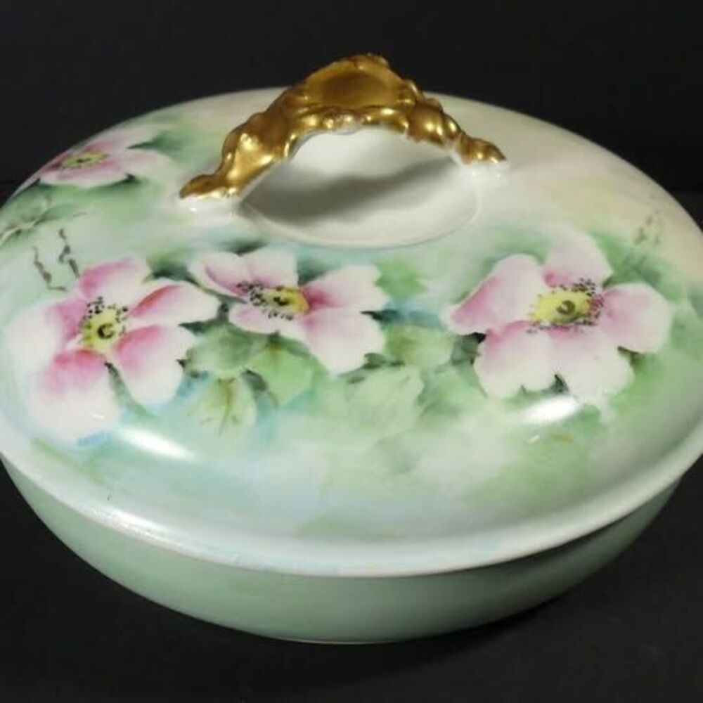 Antique Jean Pouyat J.P.L. Limoges Apple Blossoms Covered Candy Dish France